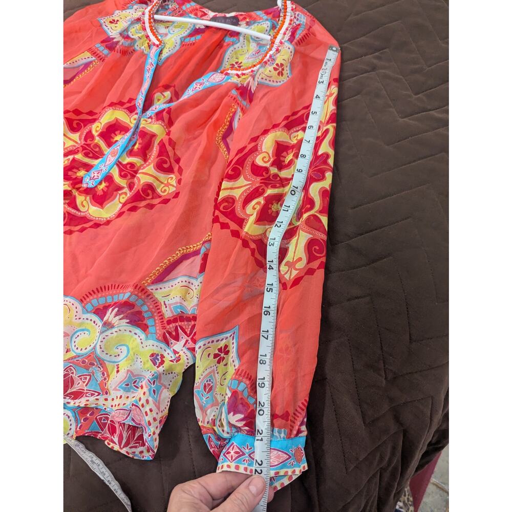 Hale Bob 100% silk and beaded neon mandala style print top w/roll tab sleeve top - Picture 10 of 10